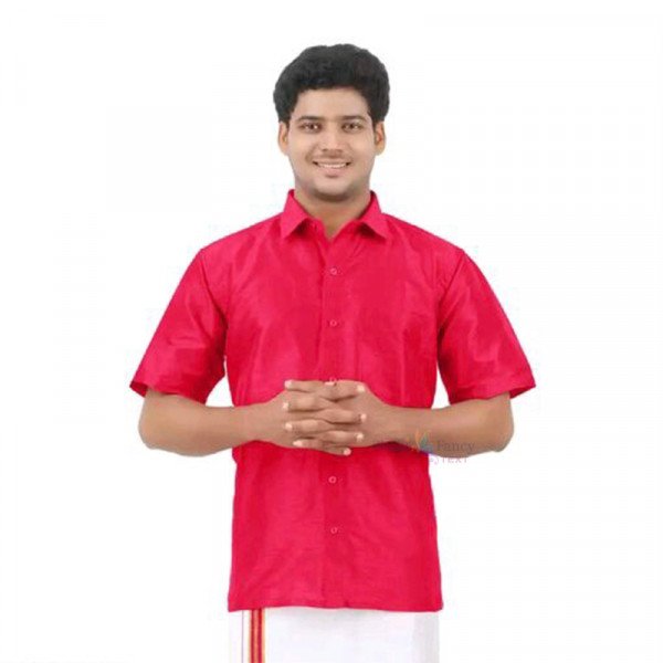 Celebration Silk Half Sleeve Shirt - 2 Meters Dhoti - Red