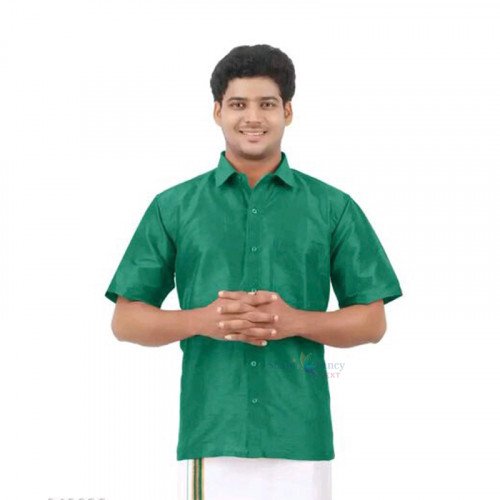 Celebration Silk Half Sleeve Shirt - 2 Meters Dhoti - Green