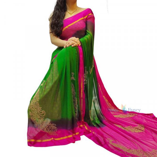 Chiffon Sarees - Green and Pink