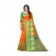 New Cotton Silk Saree - Green and Orange