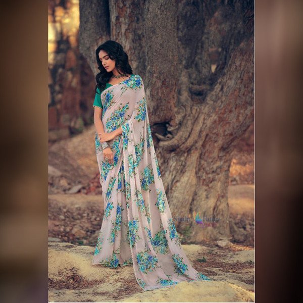 Fabric Georgette Printed Saree - Blue and White