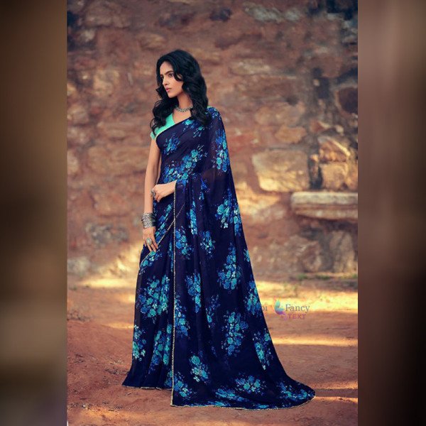 Fabric Georgette Printed Saree - Blue